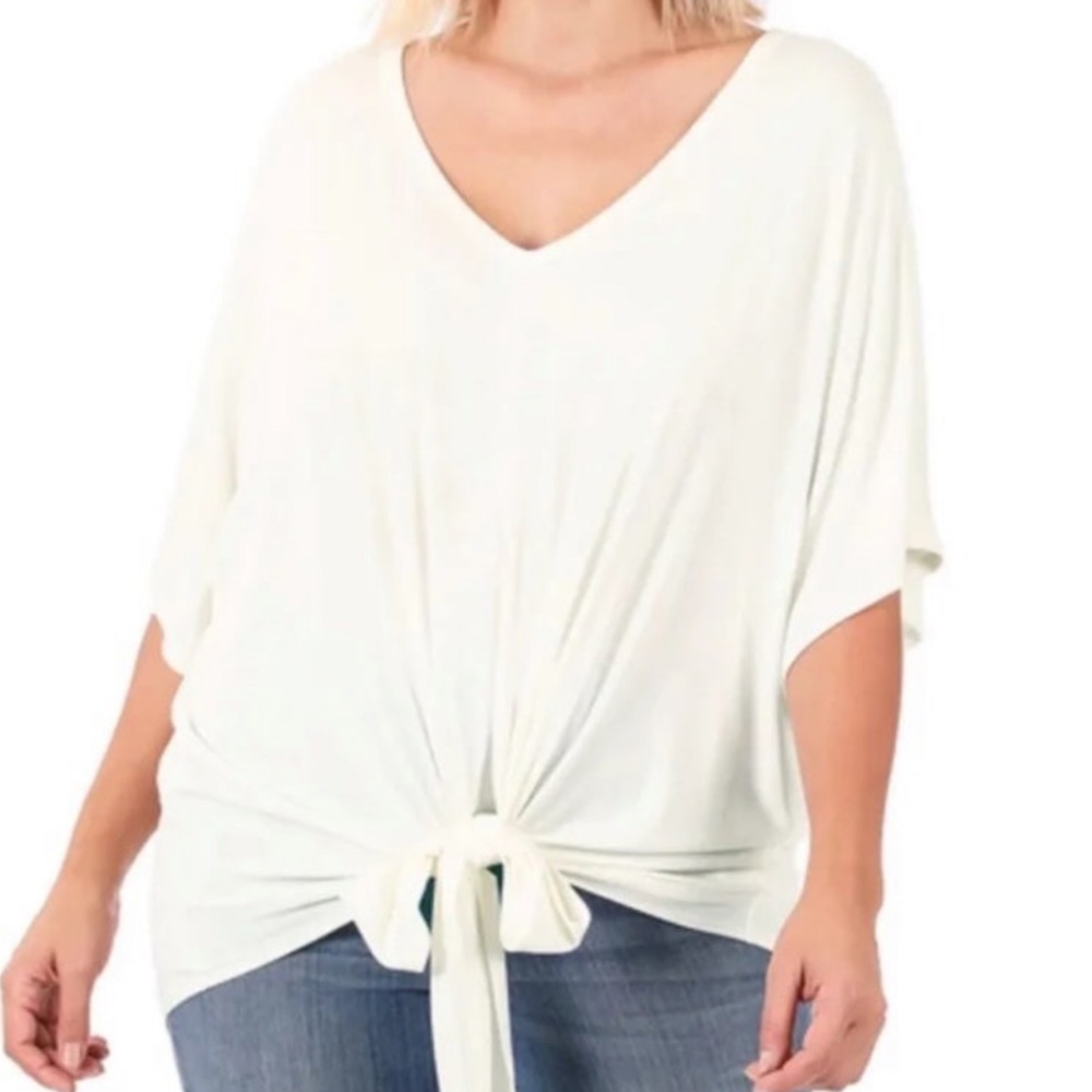 ZENANA 
Front Tie Dolman Half Sleeves Hi Low V-Neck Relaxed Fit Top FINAL FEW!